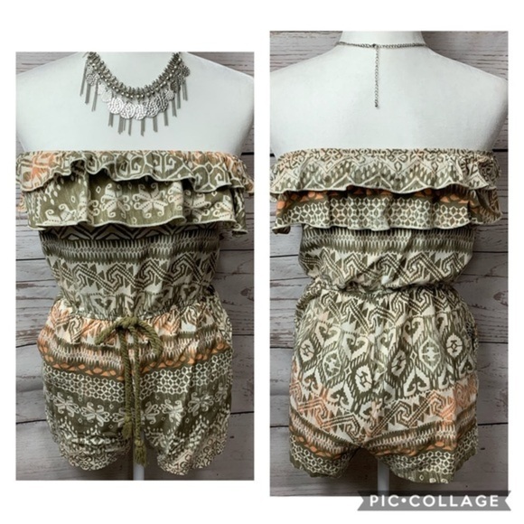 EUC Papaya Aztec Tribal Strapless Ruffle Romper - Picture 1 of 10